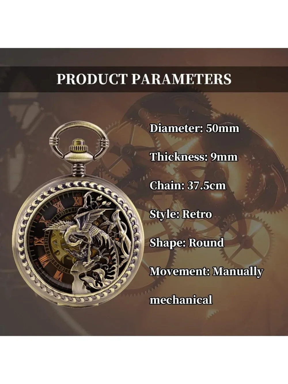 Men's Gold Bronze Skeleton Roman Numerals Hollow Mechanical Round Pocket Watch